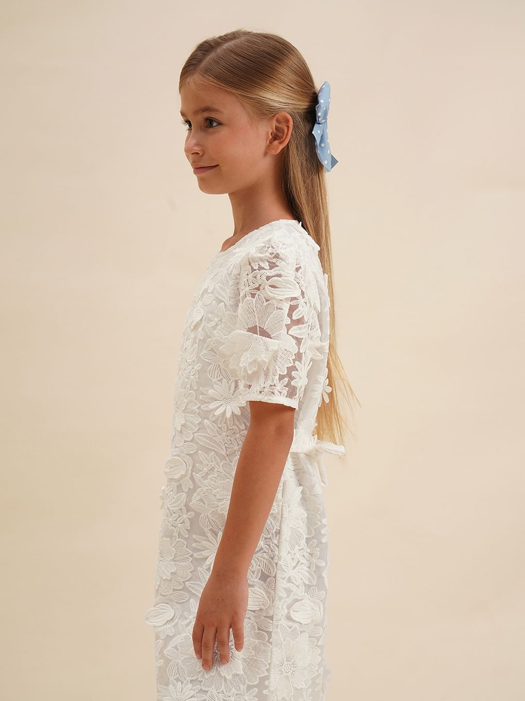 Girls White Floral Textured Cotton Dress
