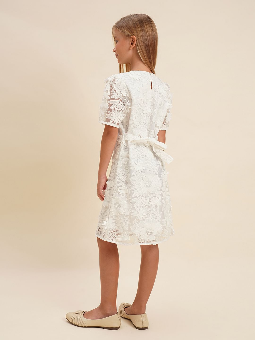 Girls White Floral Textured Cotton Dress