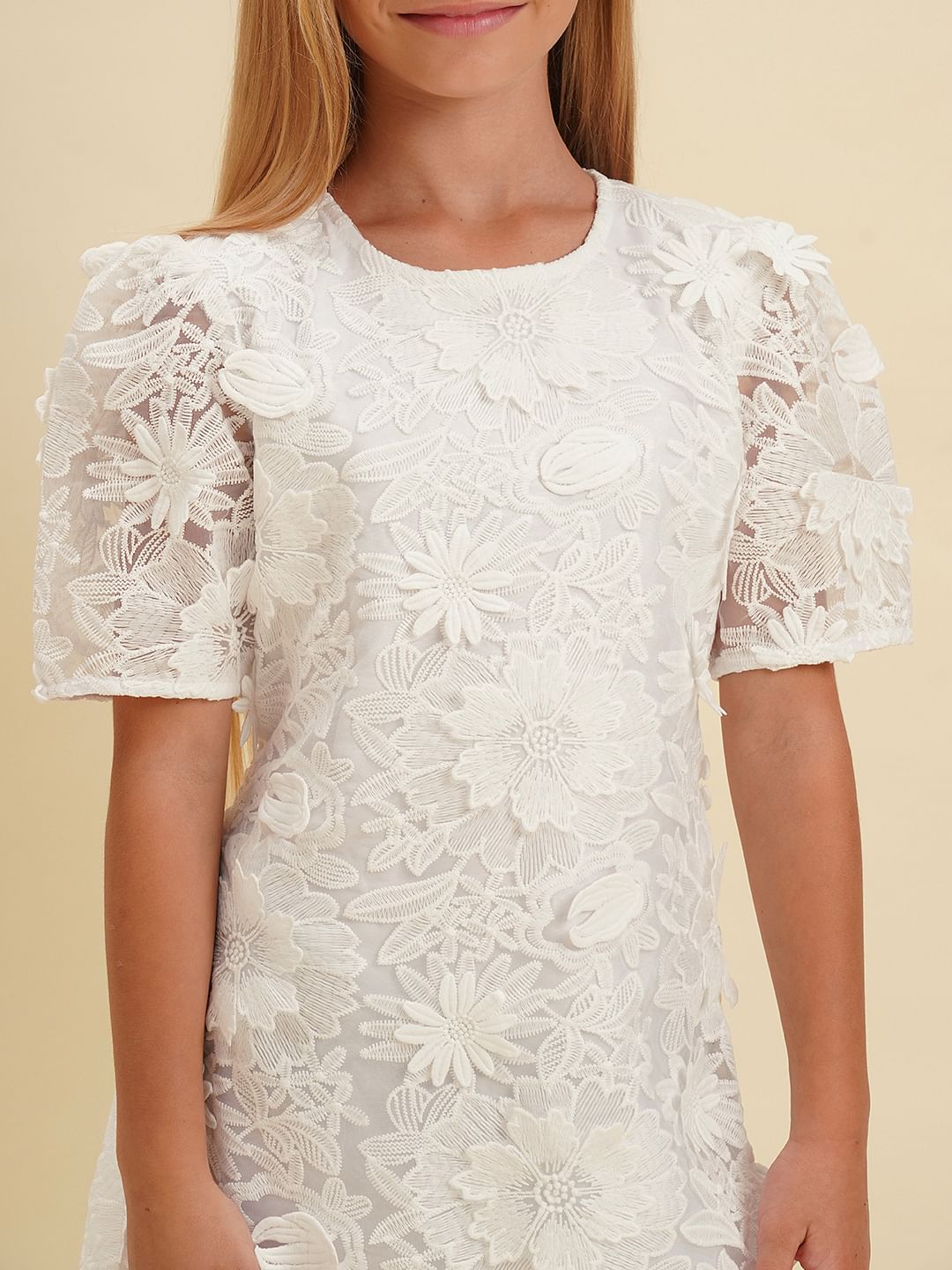 Girls White Floral Textured Cotton Dress