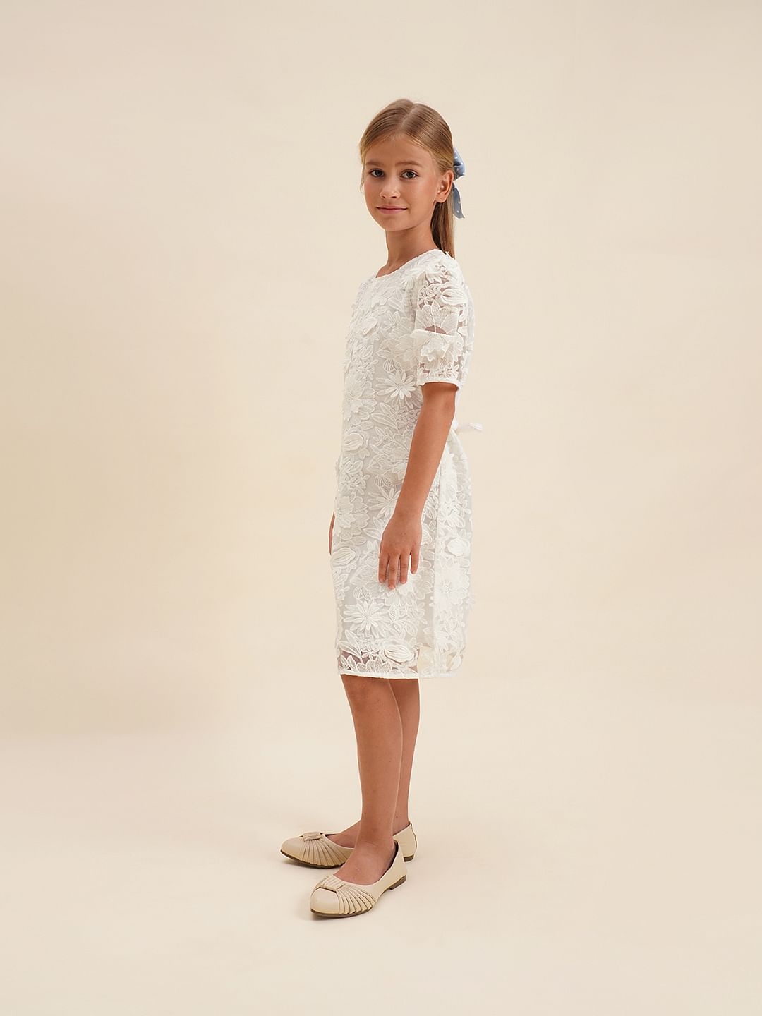 Girls White Floral Textured Cotton Dress