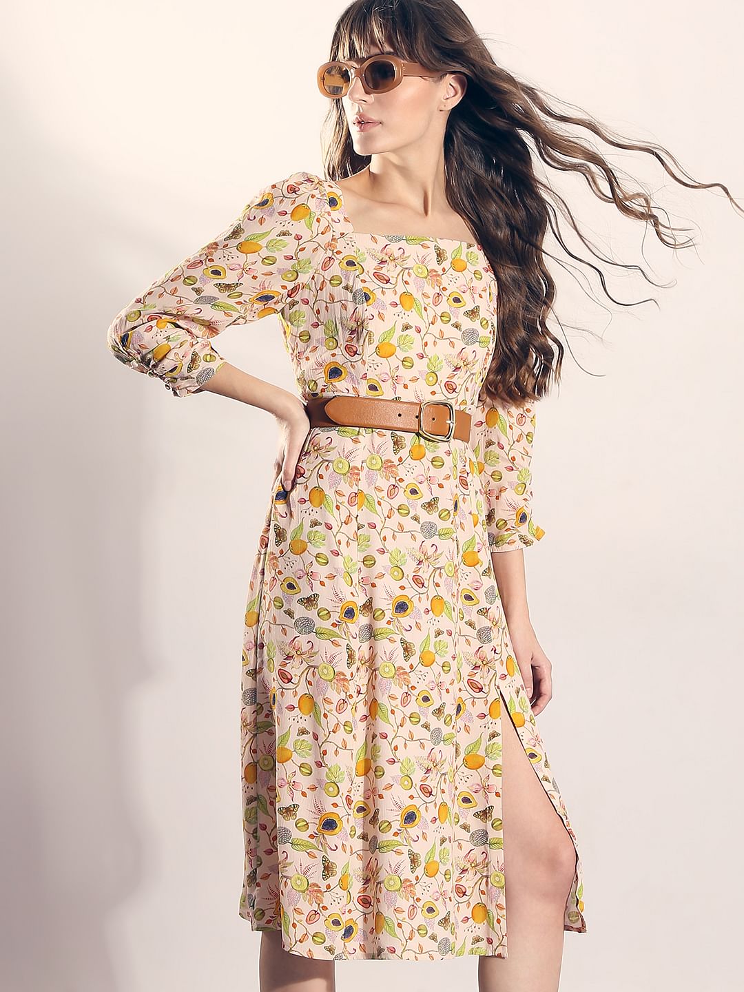 Pale Peach Printed Midi Dress