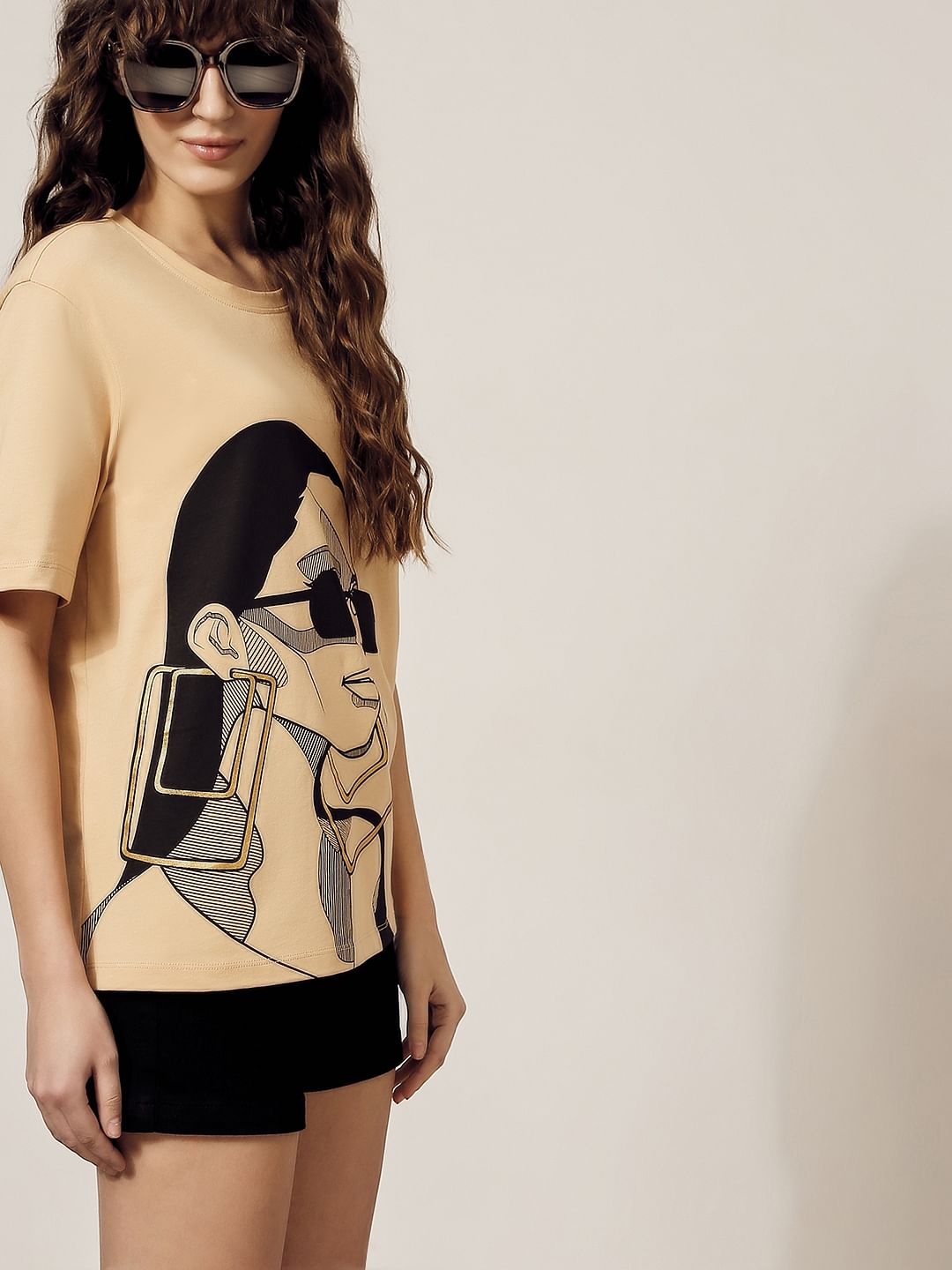 Beige Printed Cotton T-Shirt