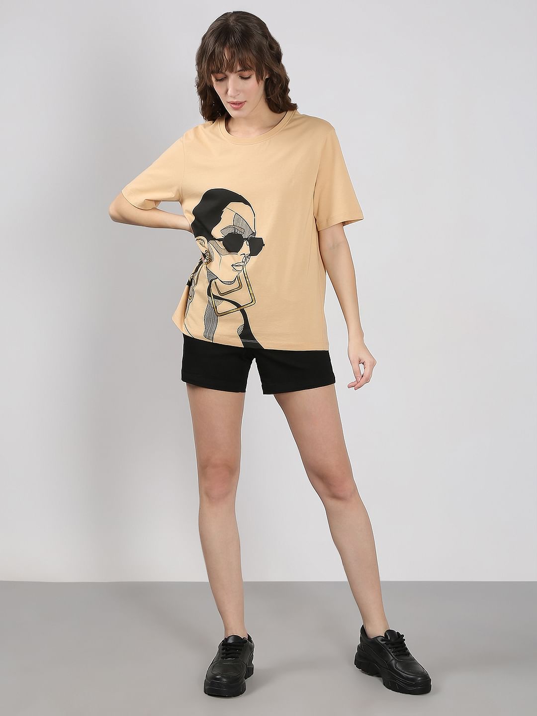 Beige Printed Cotton T-Shirt