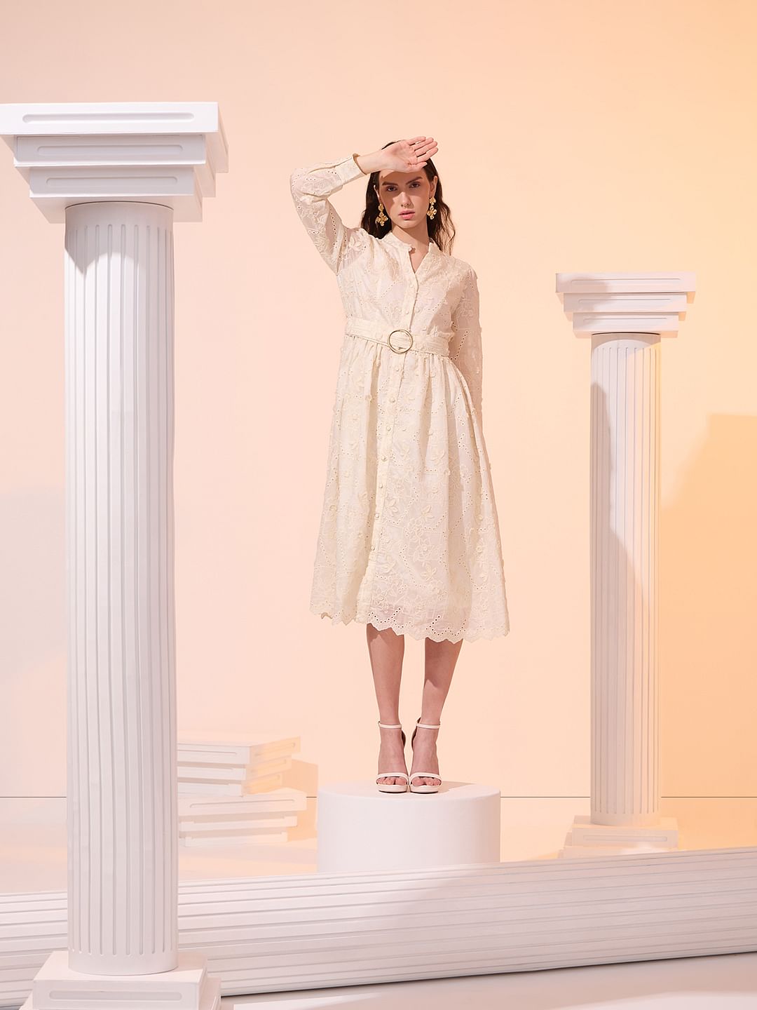 Off-White V Neck Belted Midi Dress