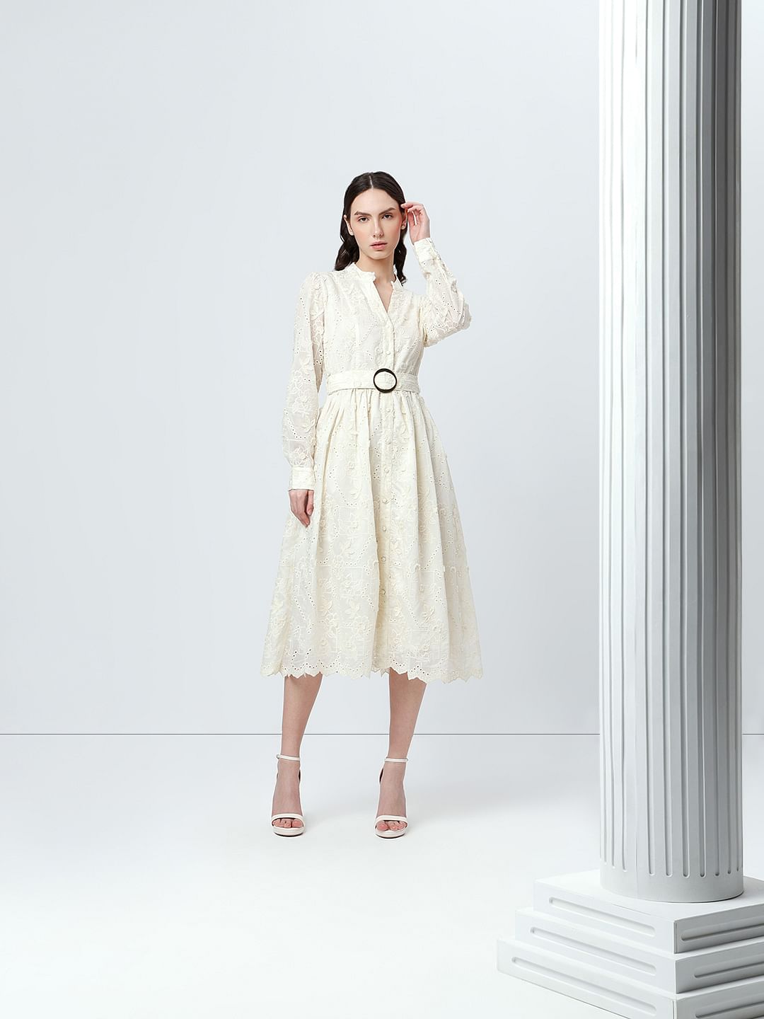 Off-White V Neck Belted Midi Dress