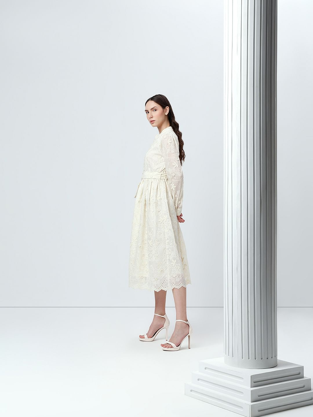 Off-White V Neck Belted Midi Dress