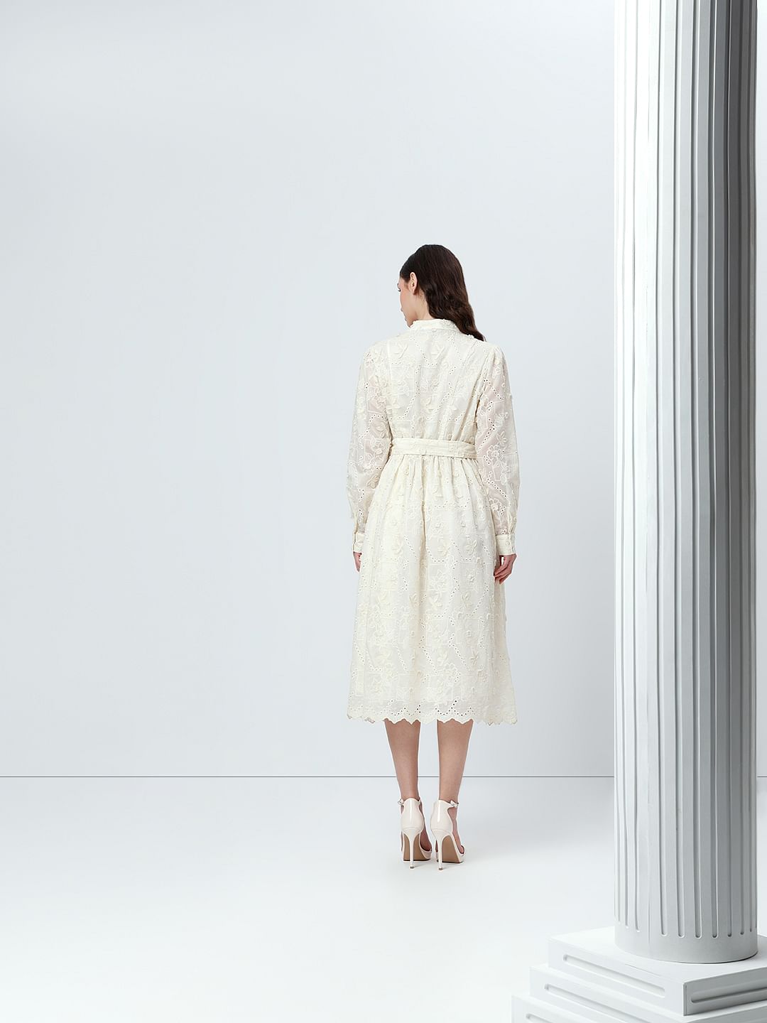 Off-White V Neck Belted Midi Dress