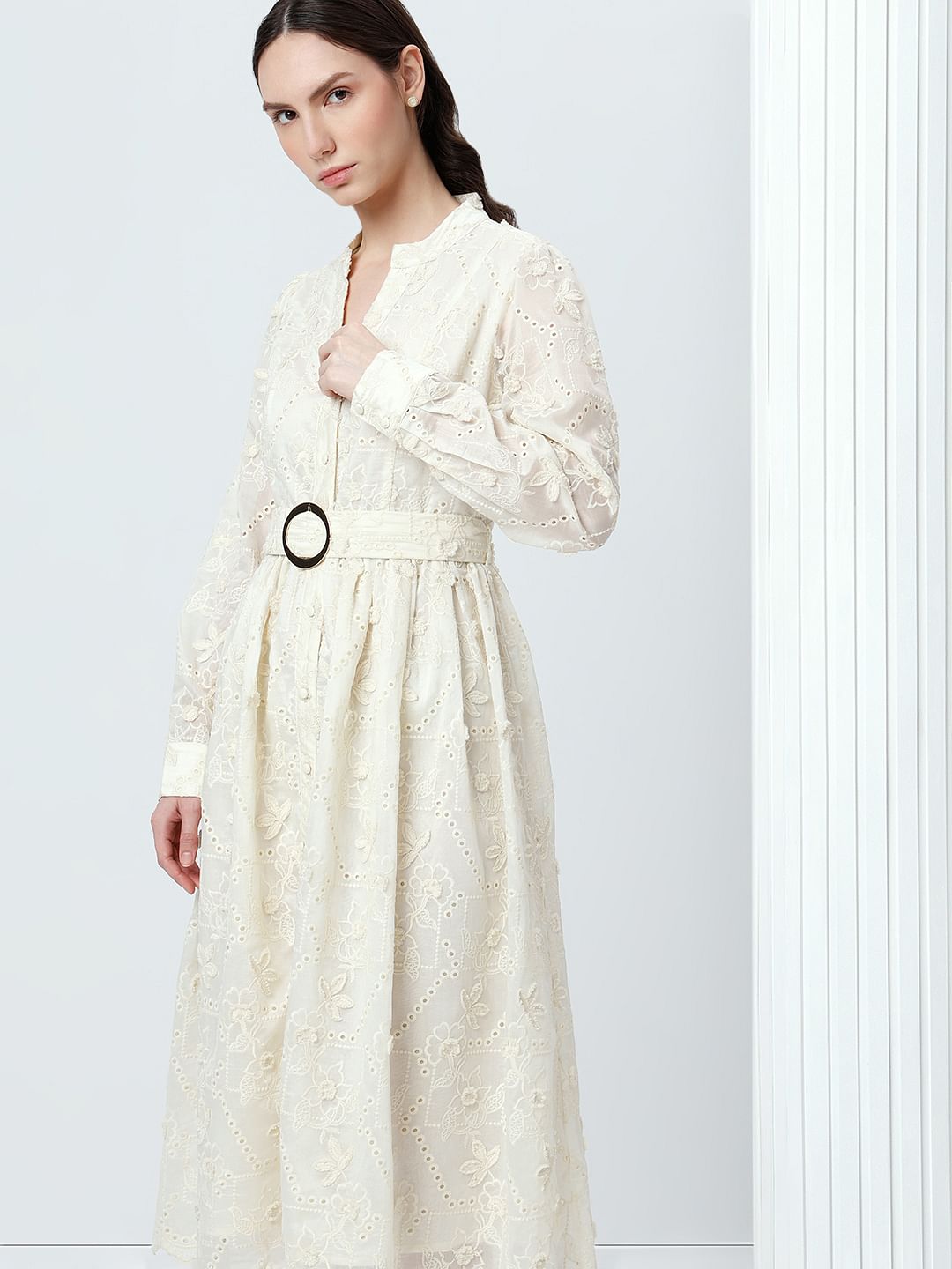 Off-White V Neck Belted Midi Dress