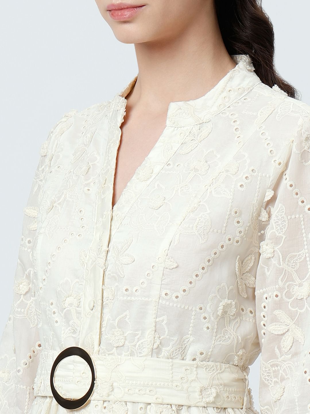 Off-White V Neck Belted Midi Dress