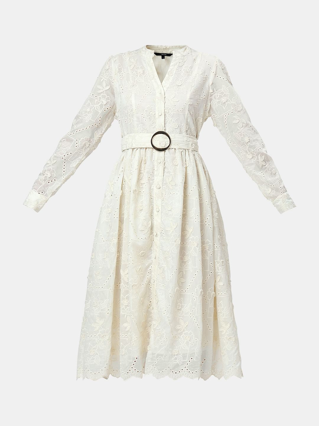 Off-White V Neck Belted Midi Dress