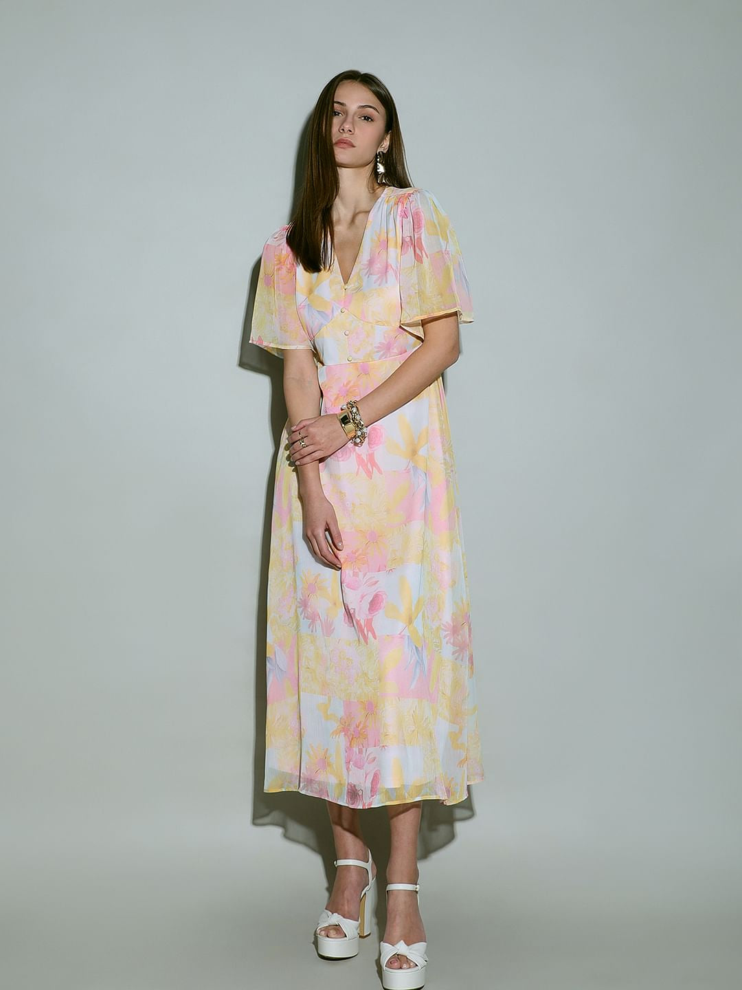 Yellow Printed V Neck Dress