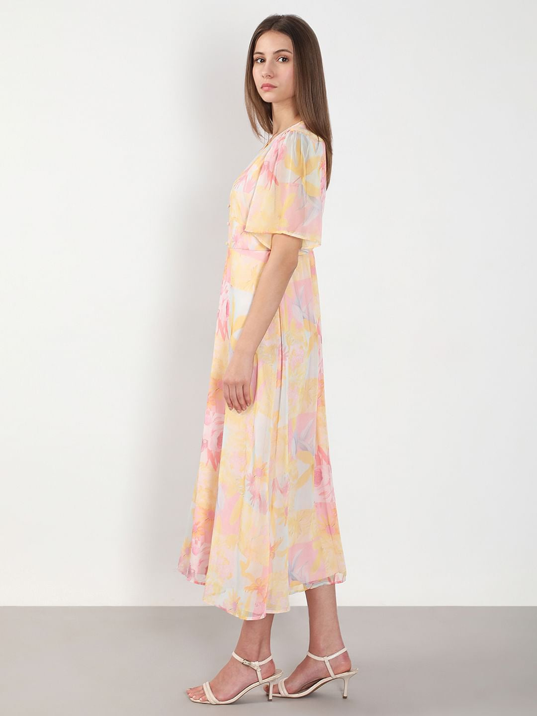 Yellow Printed V Neck Dress