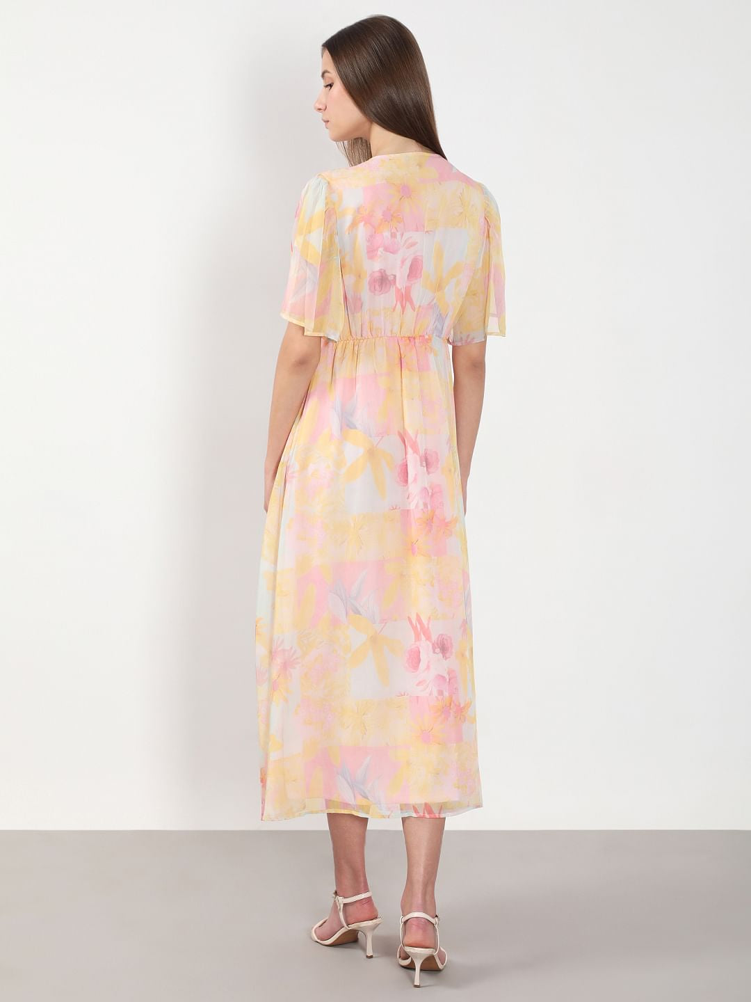 Yellow Printed V Neck Dress