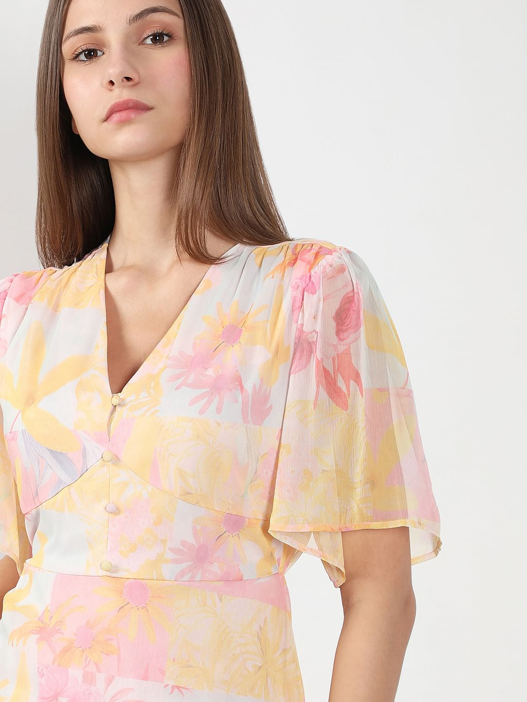 Yellow Printed V Neck Dress