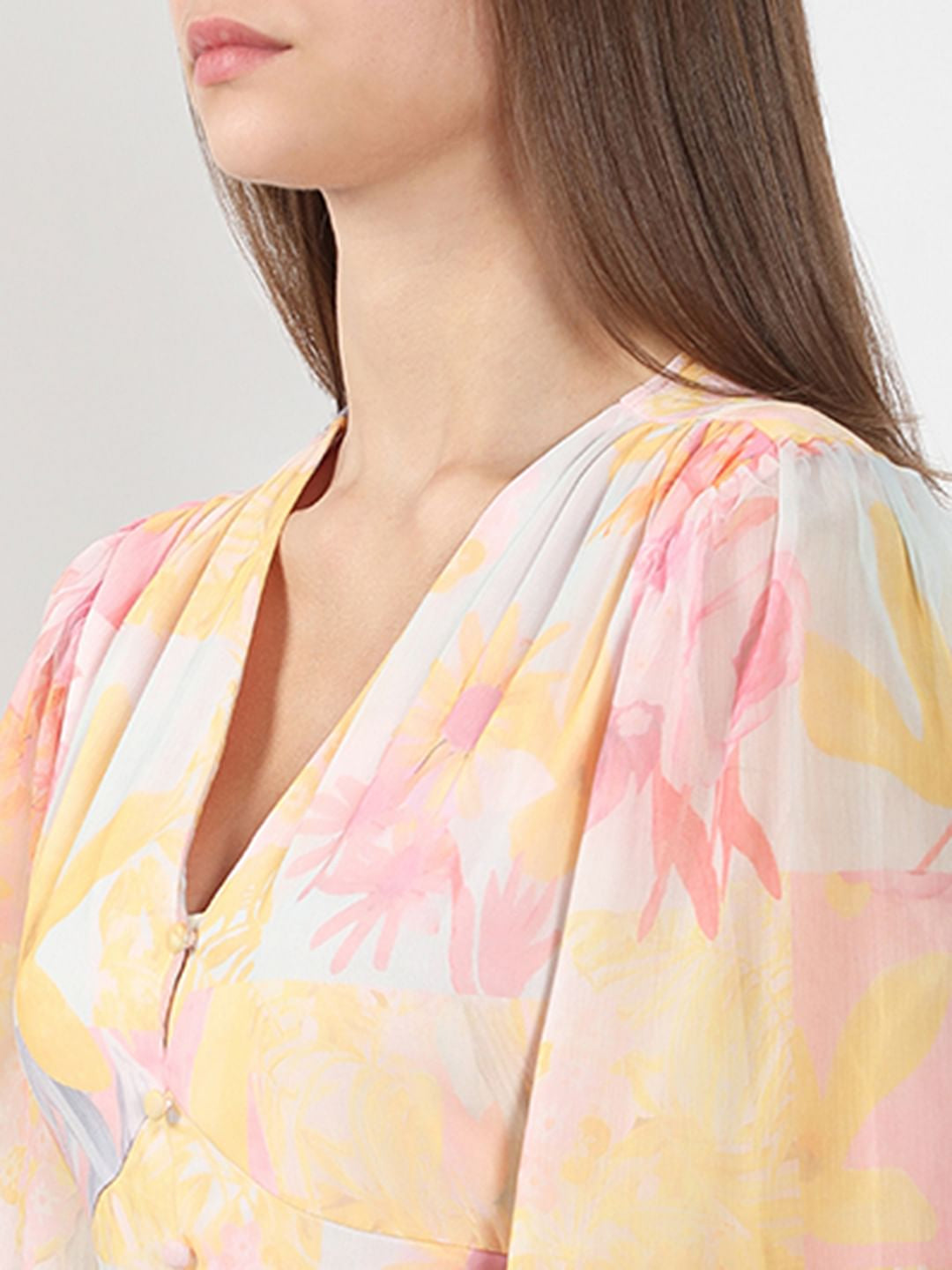 Yellow Printed V Neck Dress