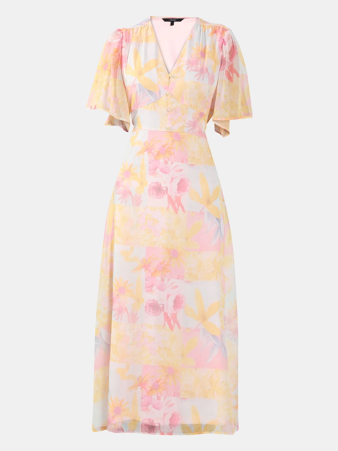 Yellow Printed V Neck Dress