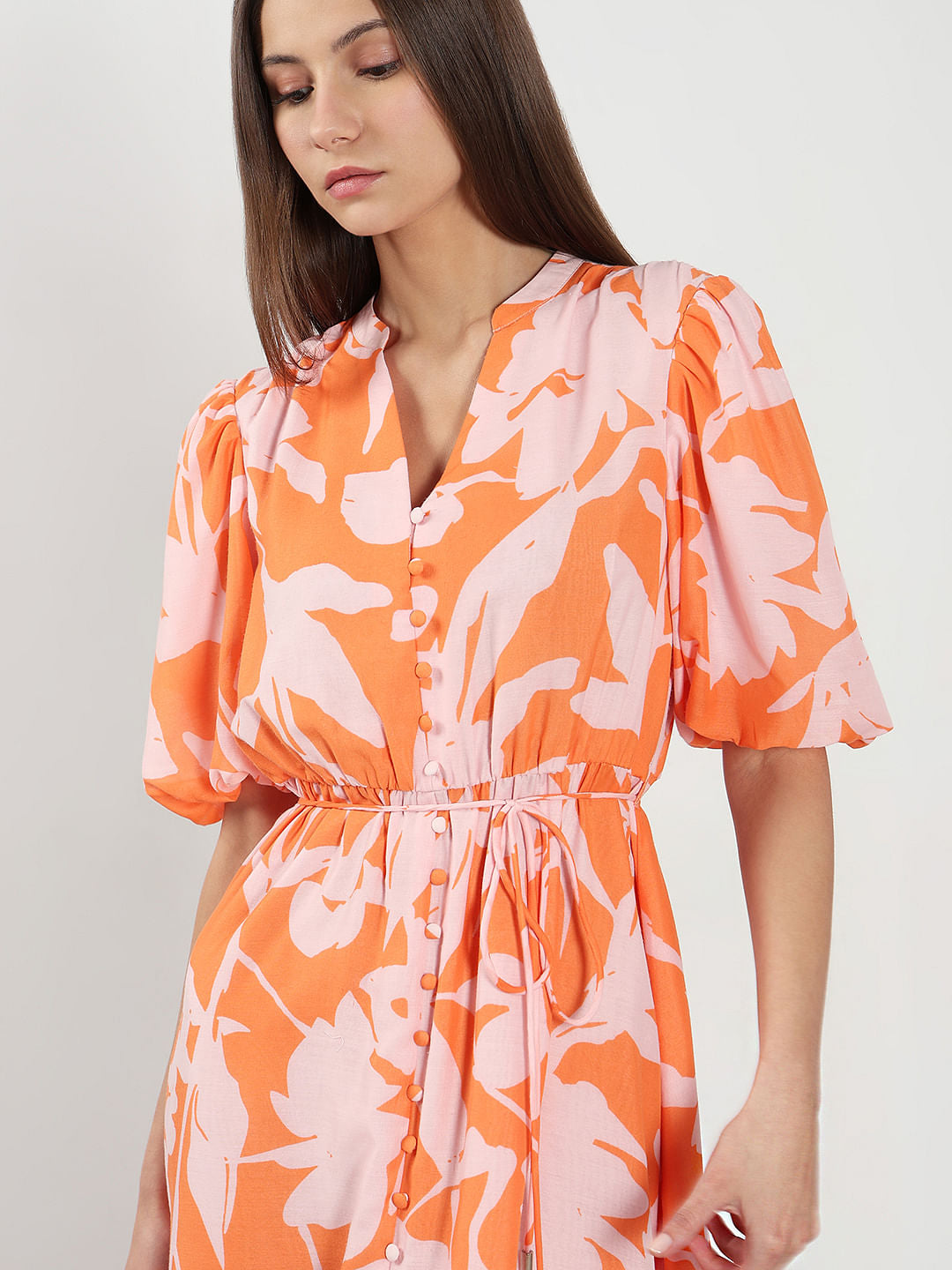 Orange Floral Midi Dress