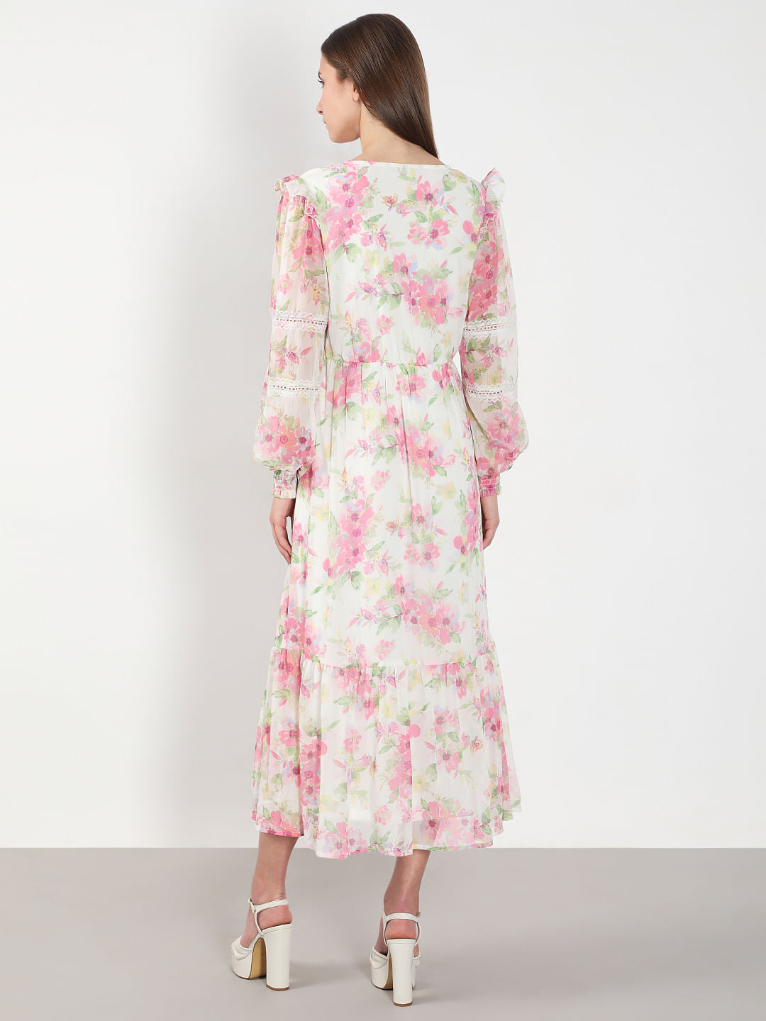 White & Pink Floral Midi Dress