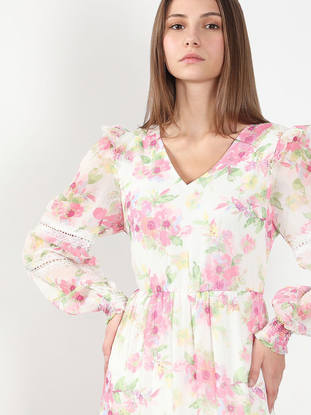 White & Pink Floral Midi Dress