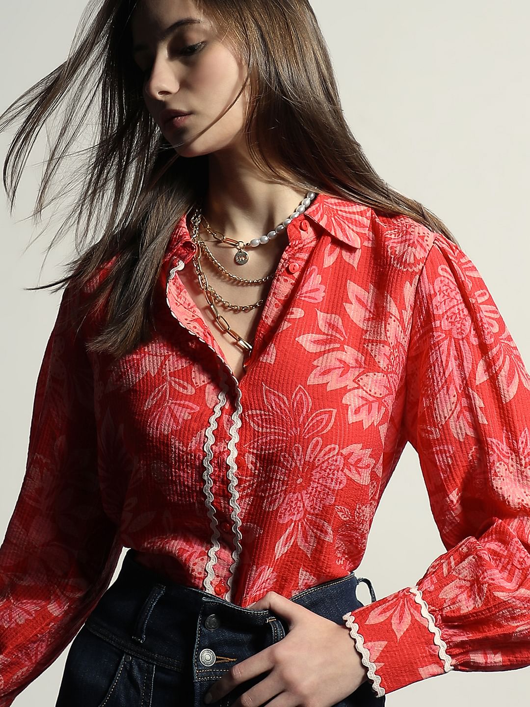 Red Printed Lace Trim Top