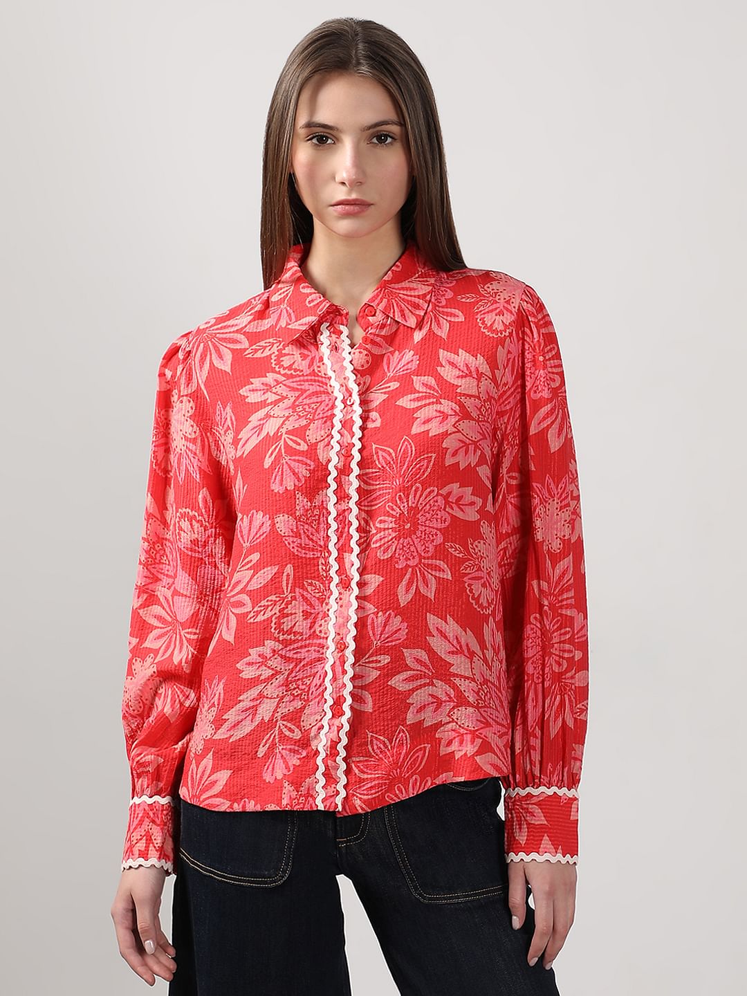 Red Printed Lace Trim Top