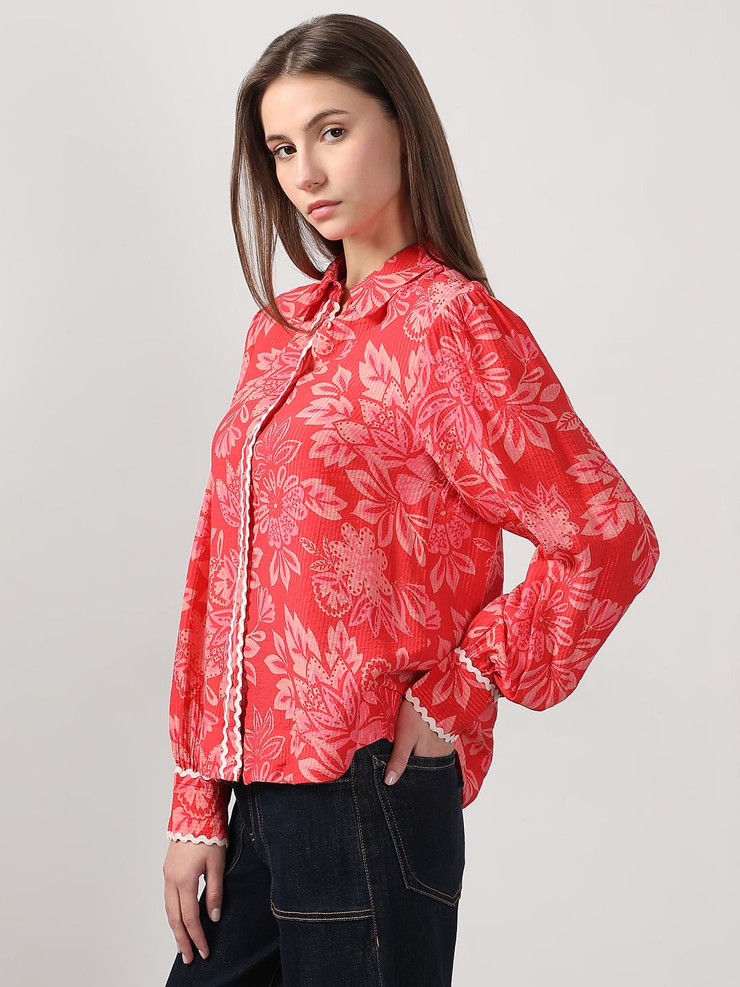 Red Printed Lace Trim Top