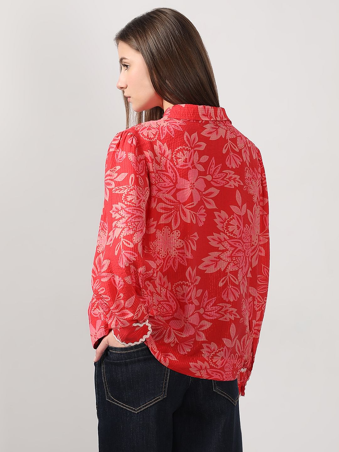 Red Printed Lace Trim Top
