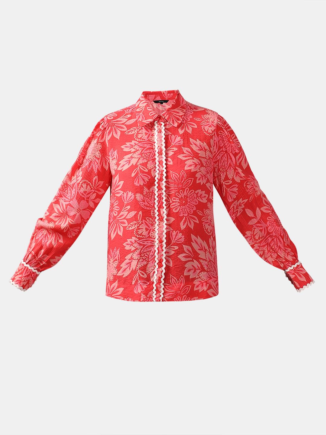 Red Printed Lace Trim Top