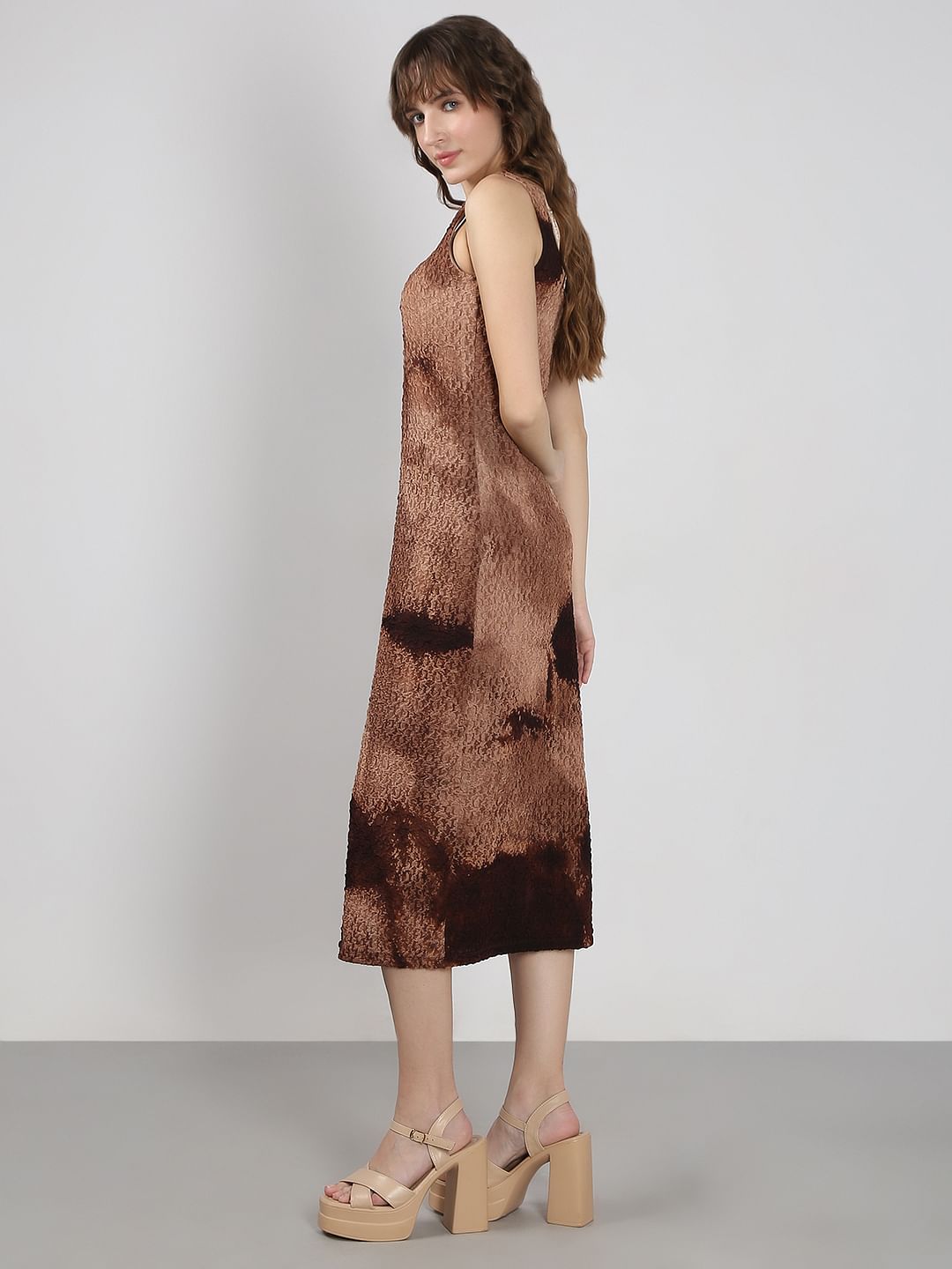 Brown Textured Midi Dress