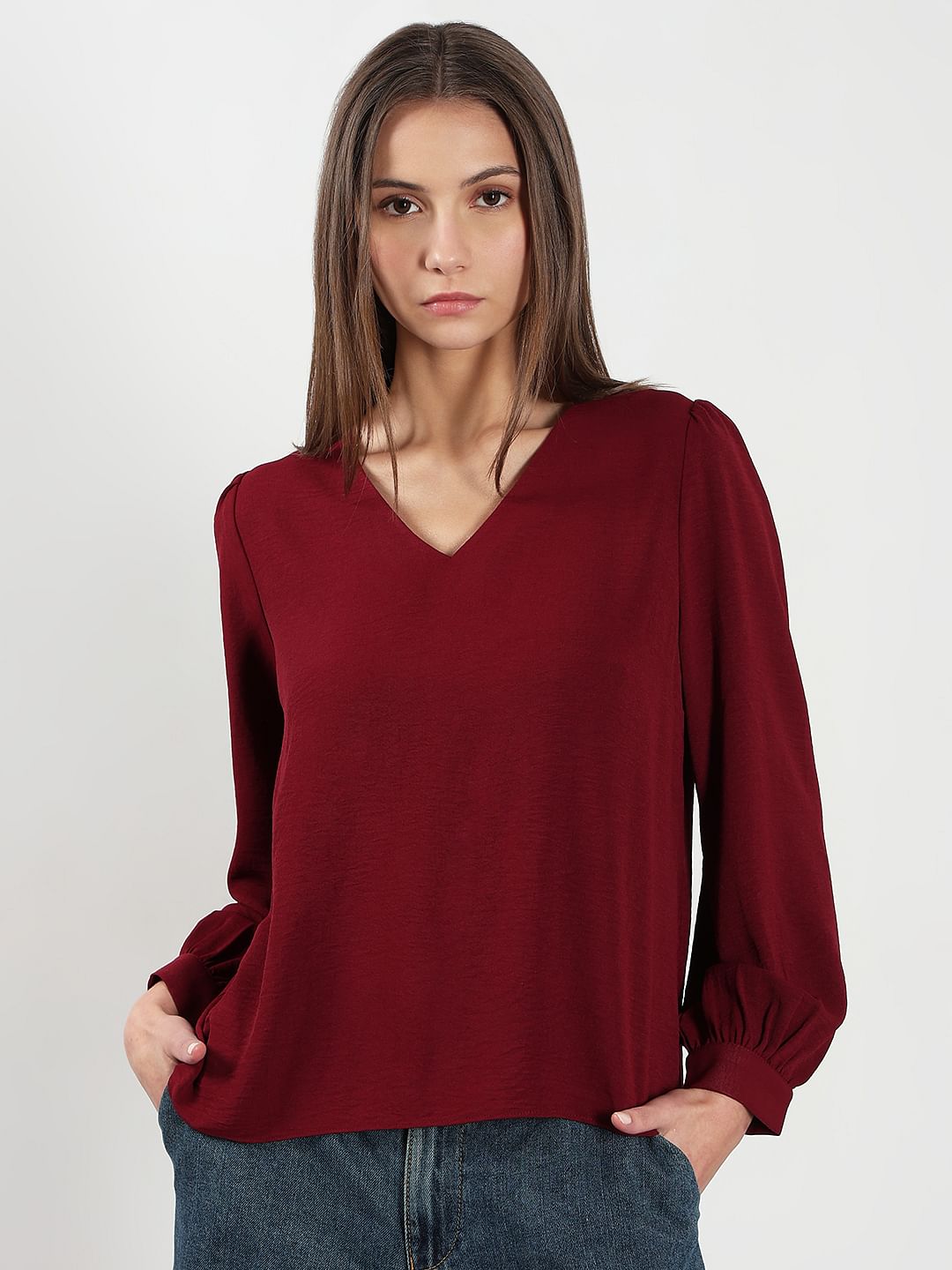 Dark Red V Neck Top