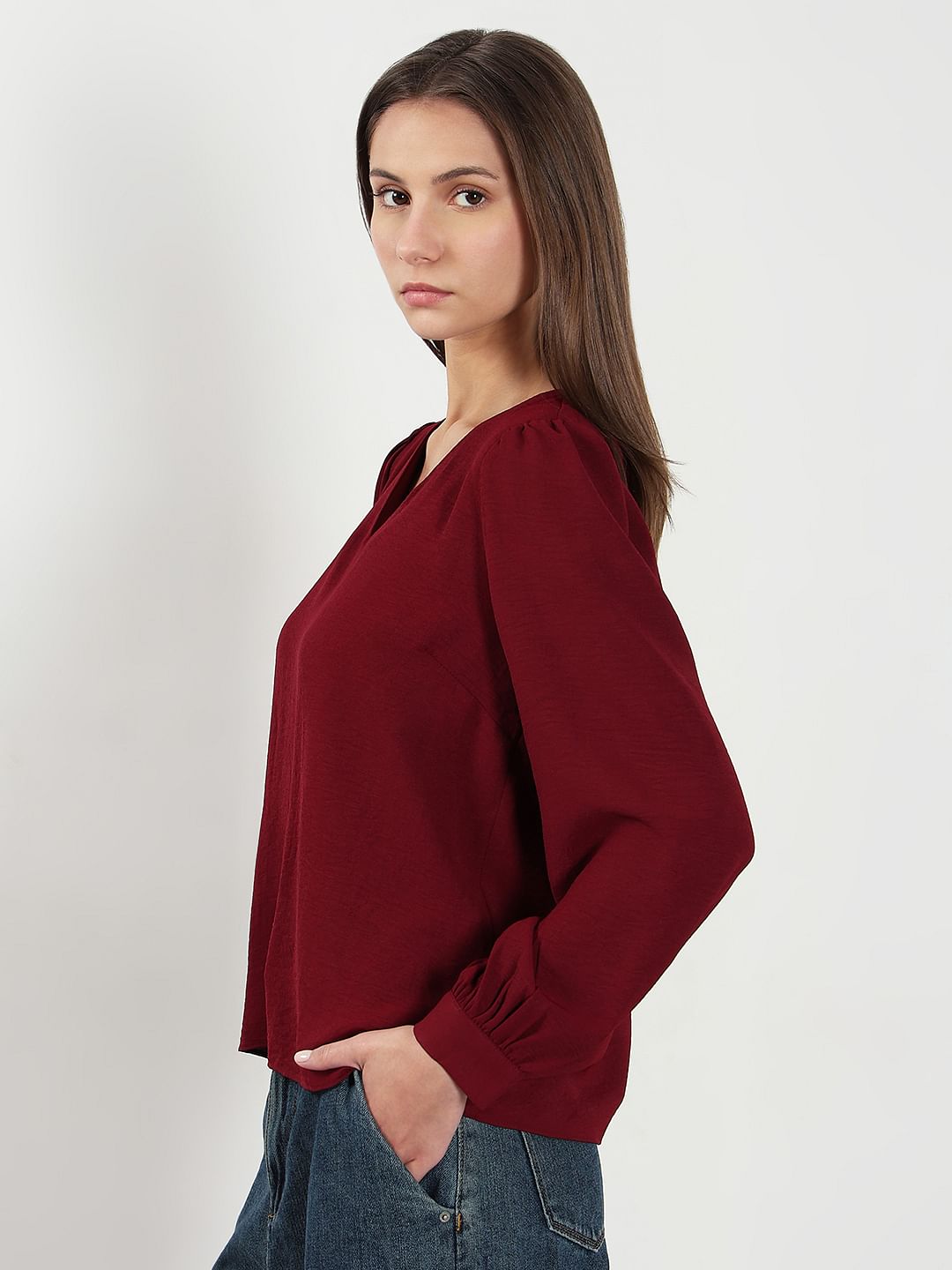 Dark Red V Neck Top