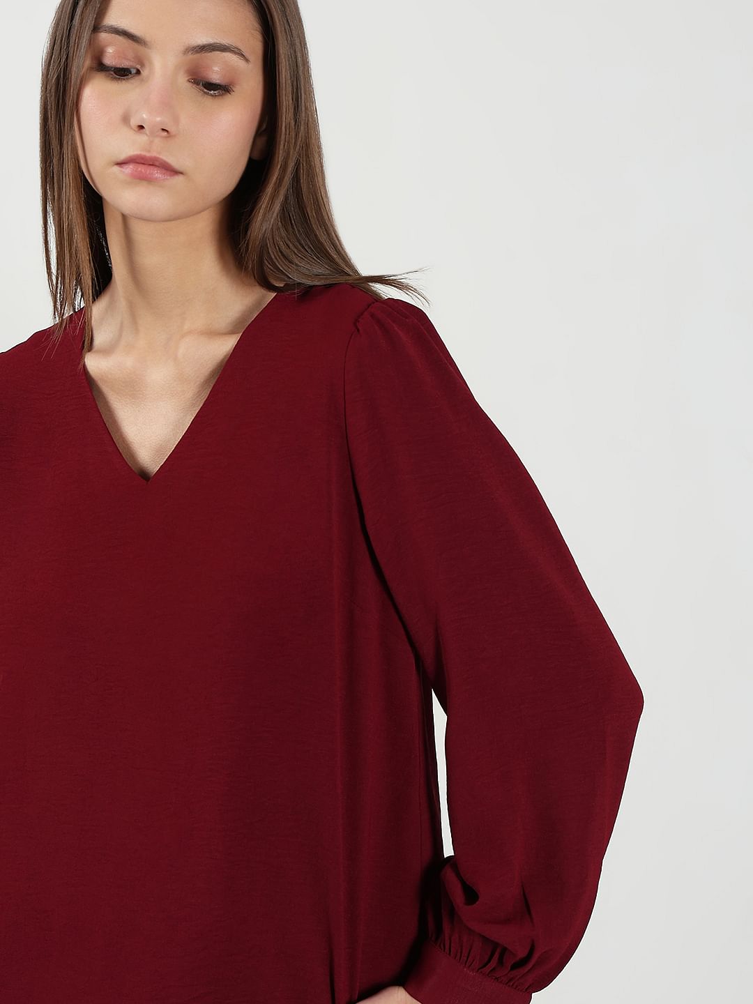Dark Red V Neck Top