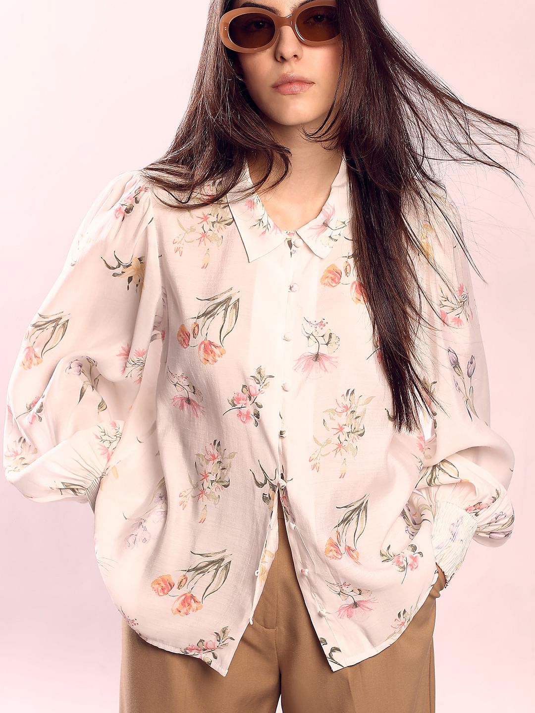 White Floral Print Cotton Shirt