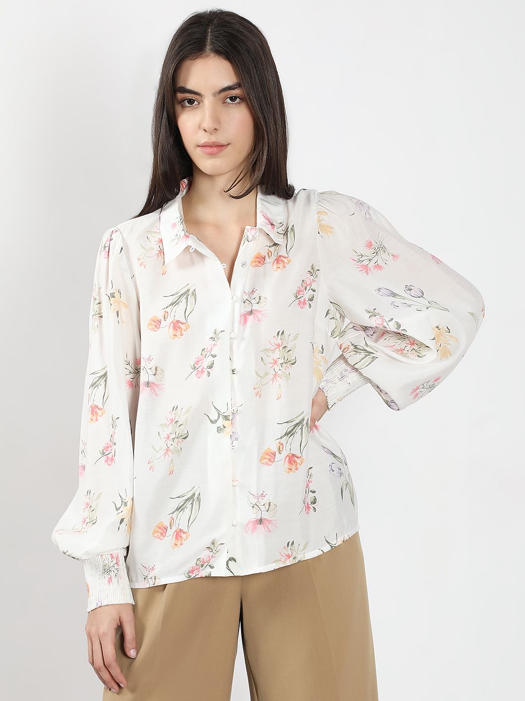 White Floral Print Cotton Shirt