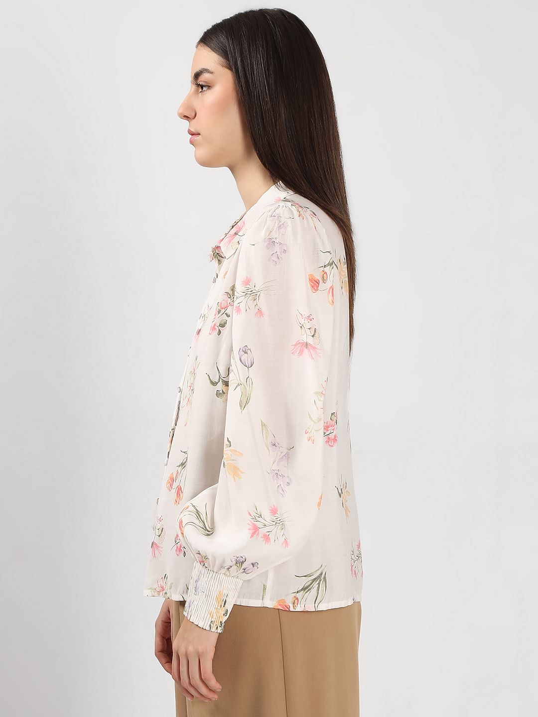 White Floral Print Cotton Shirt