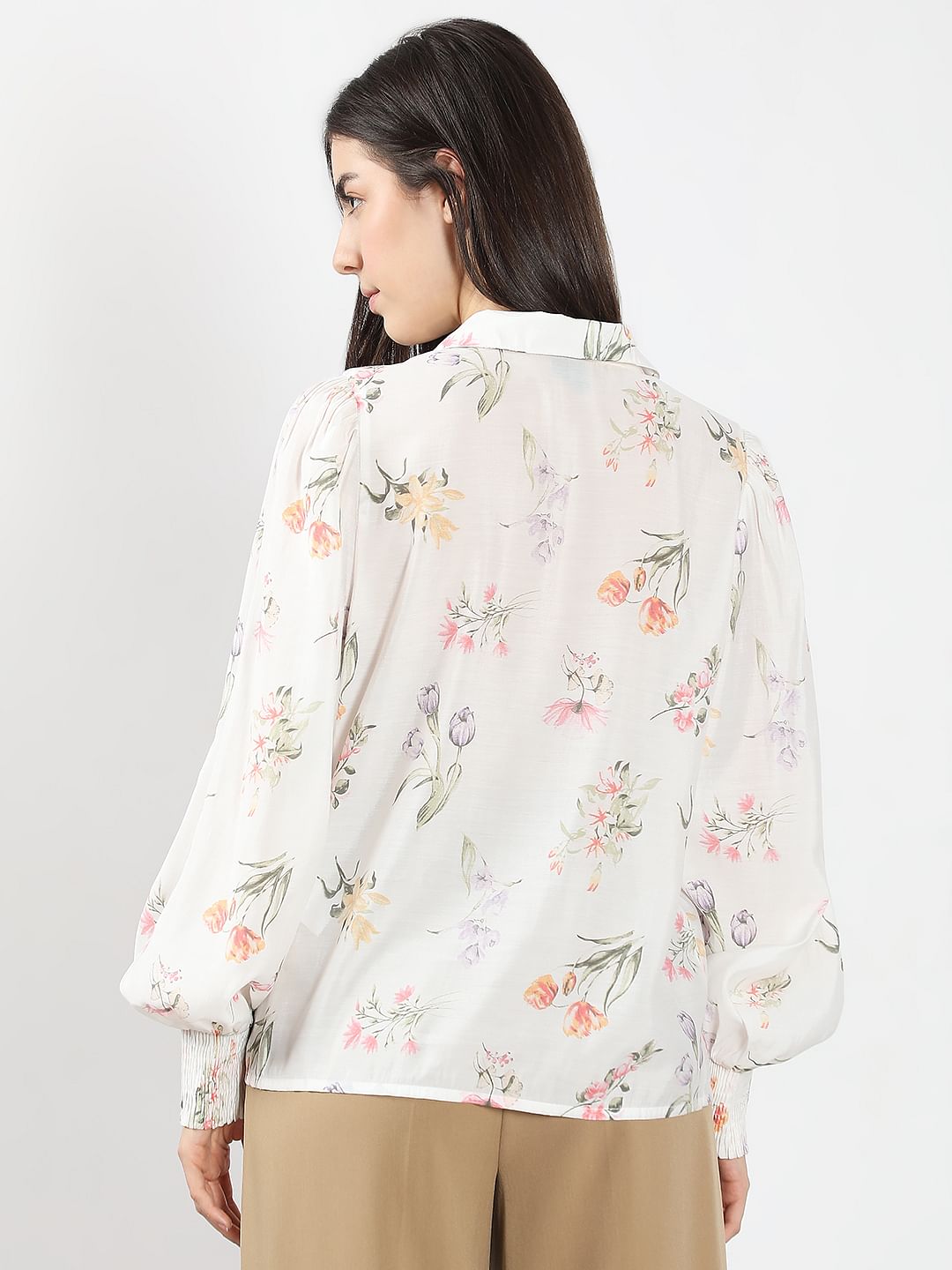 White Floral Print Cotton Shirt
