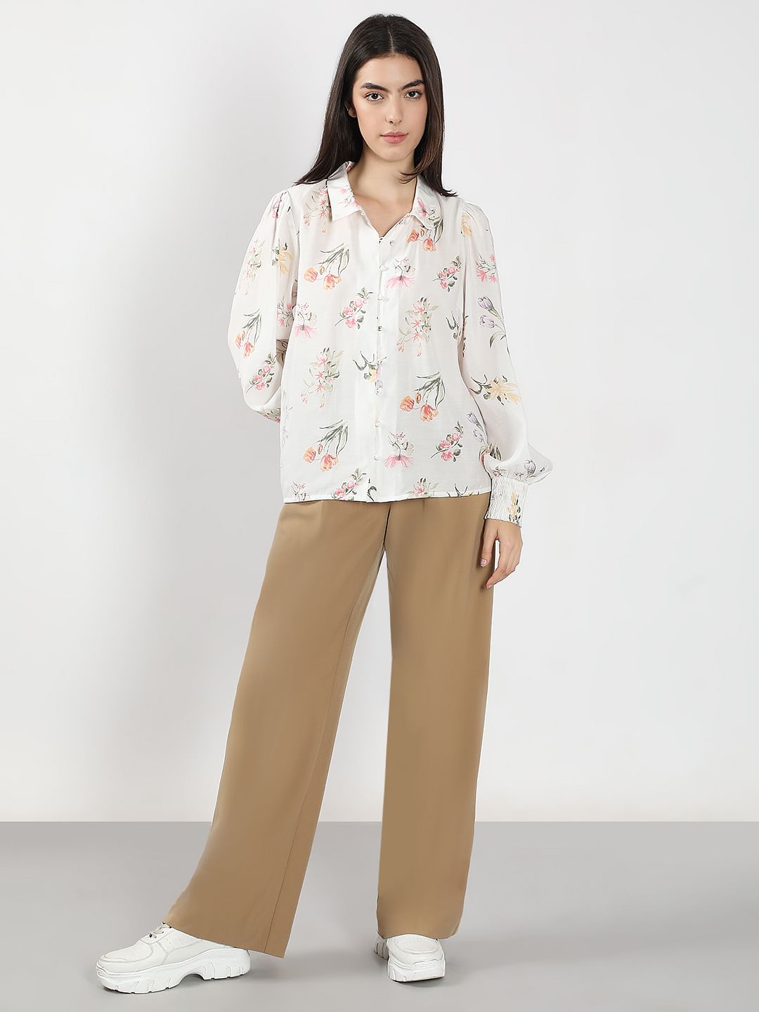White Floral Print Cotton Shirt