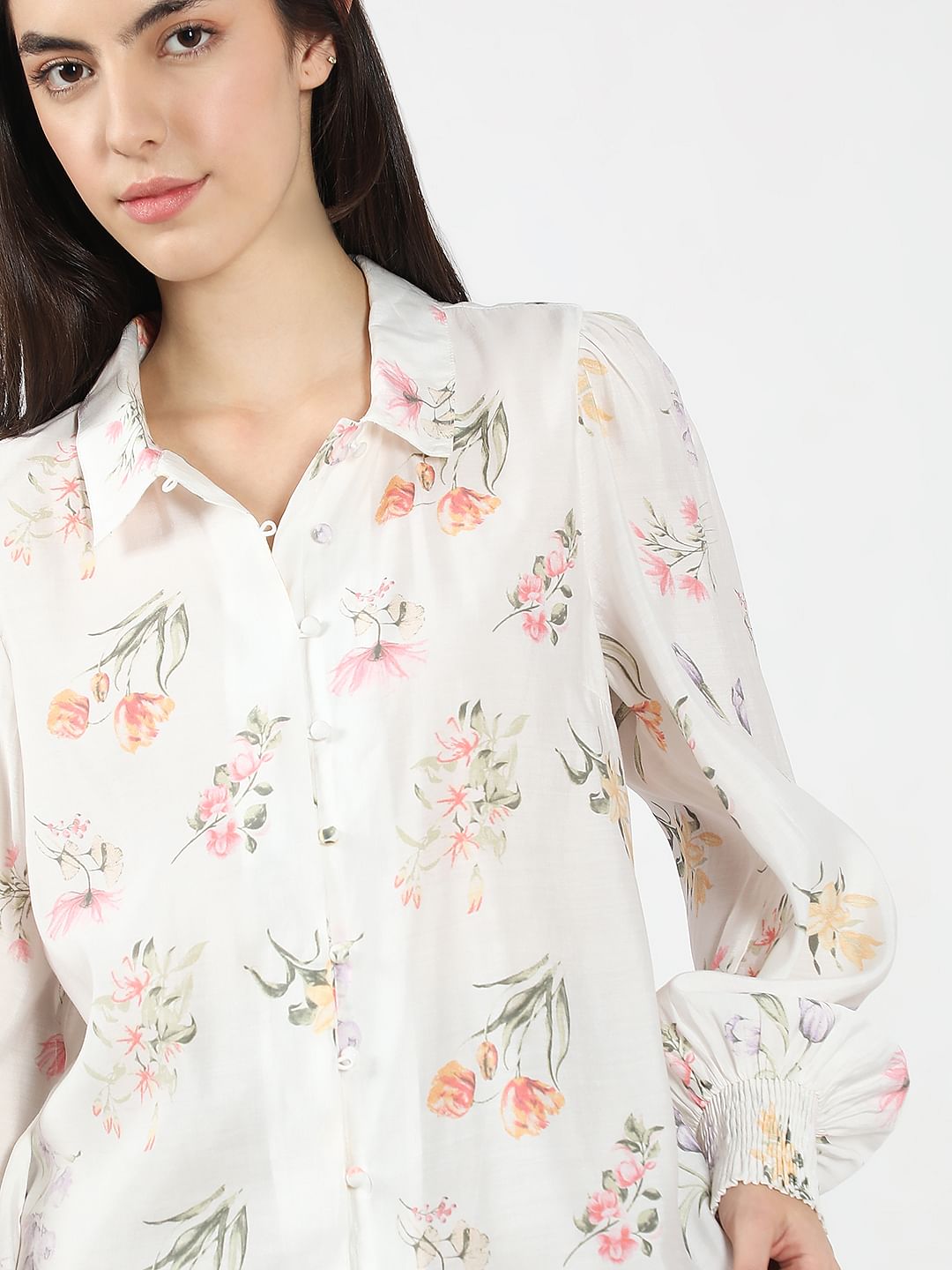White Floral Print Cotton Shirt