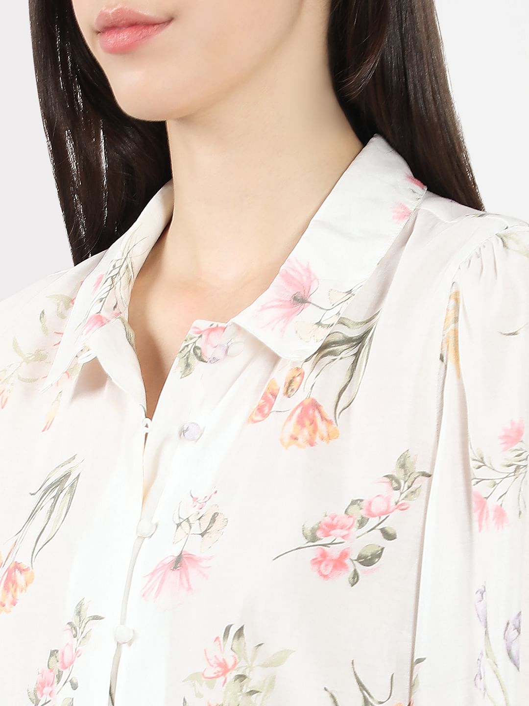 White Floral Print Cotton Shirt