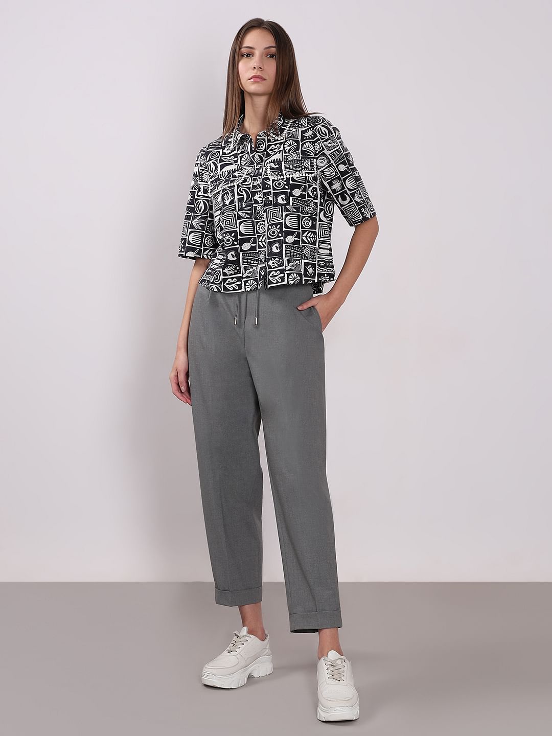 Black & White Printed Cropped Shirt