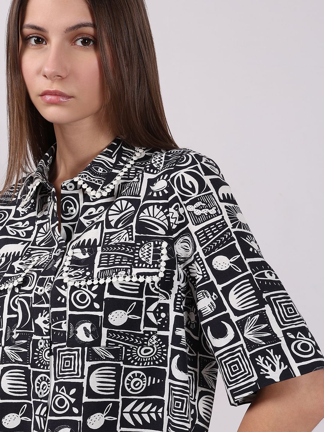 Black & White Printed Cropped Shirt