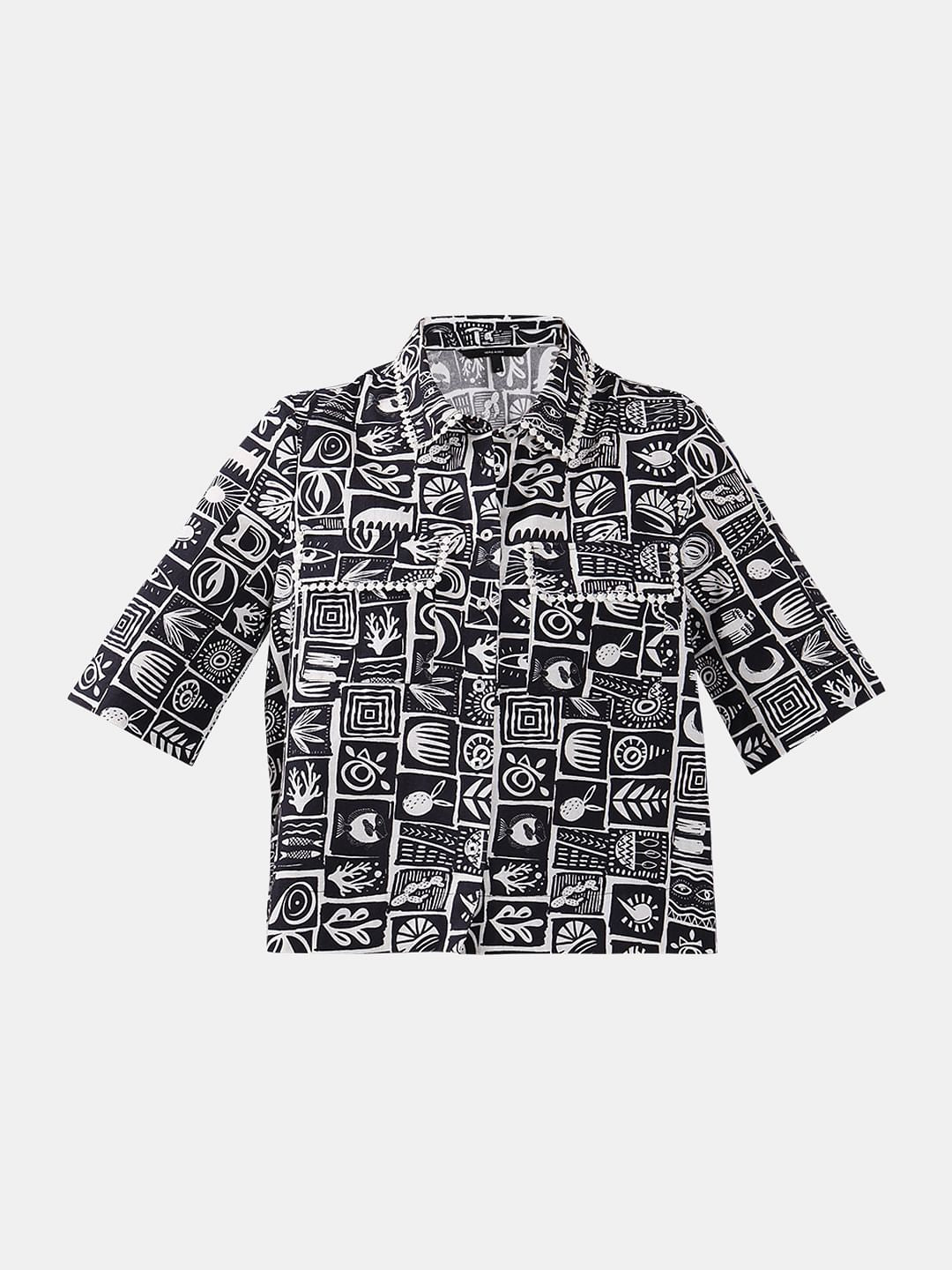 Black & White Printed Cropped Shirt