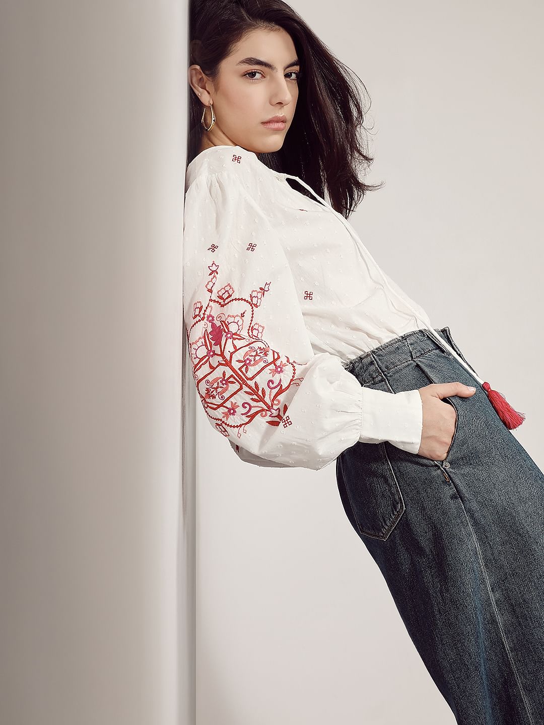 White Red Printed Embroidered Top