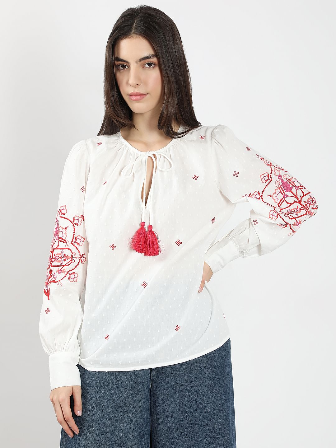 White Red Printed Embroidered Top