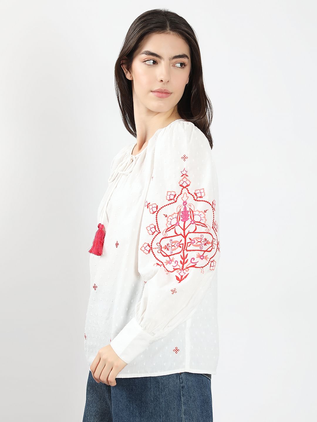 White Red Printed Embroidered Top
