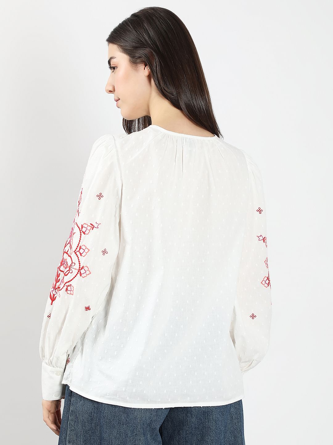 White Red Printed Embroidered Top
