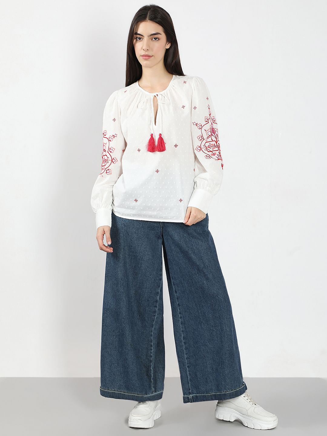 White Red Printed Embroidered Top