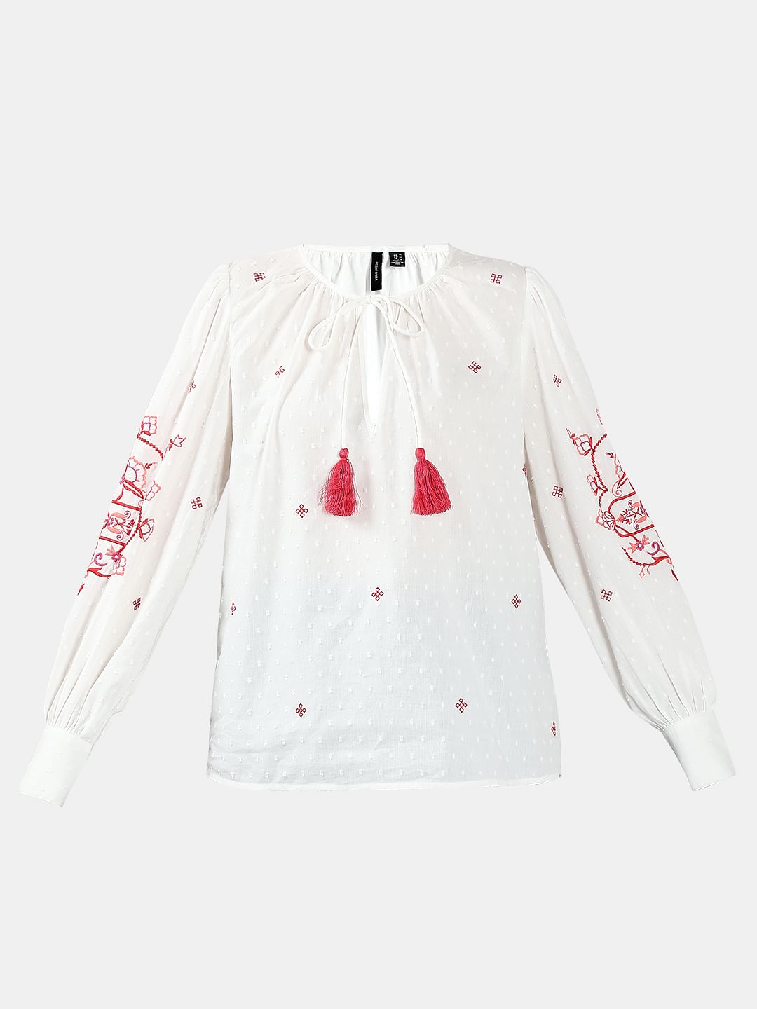 White Red Printed Embroidered Top