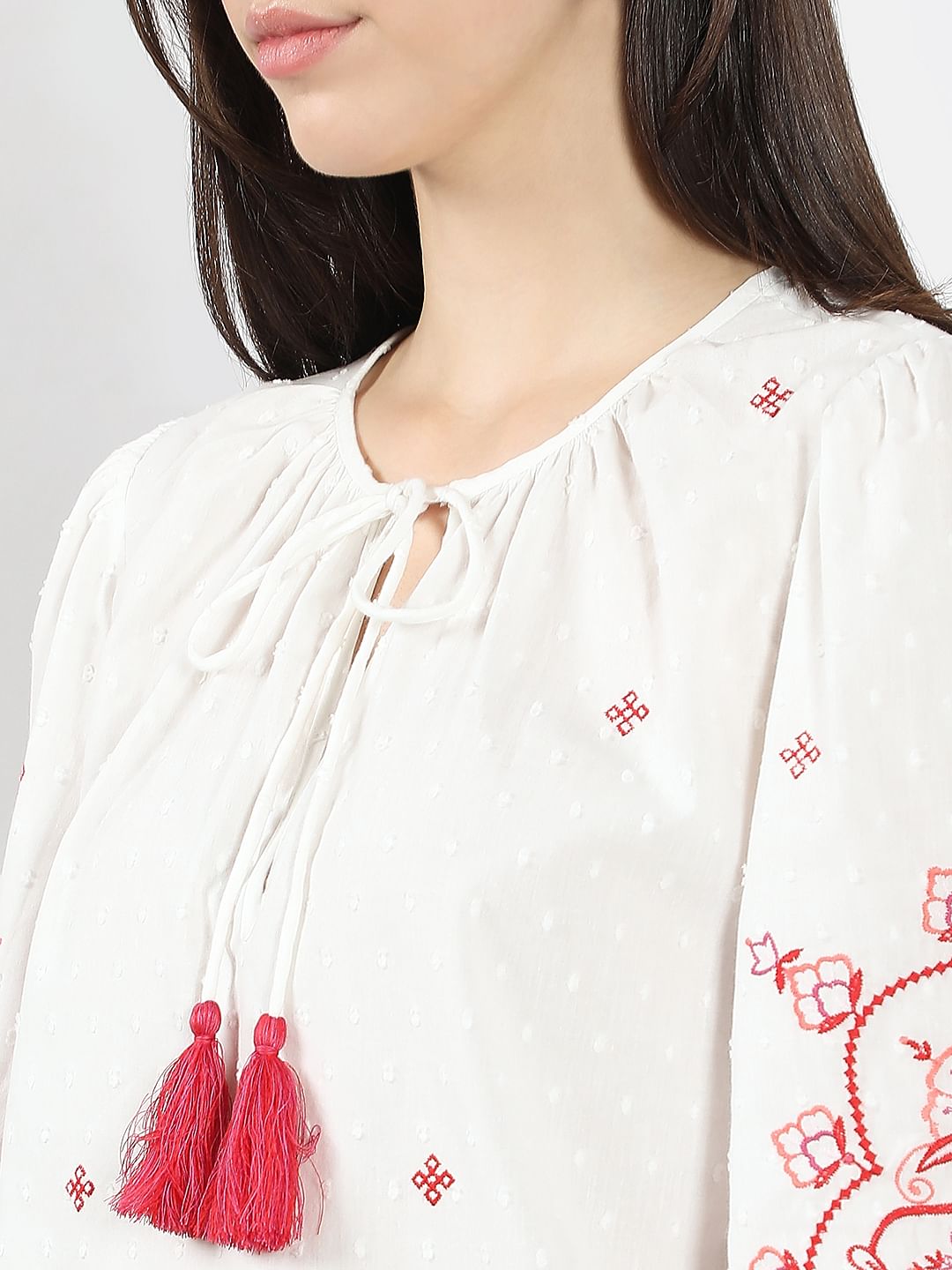 White Red Printed Embroidered Top