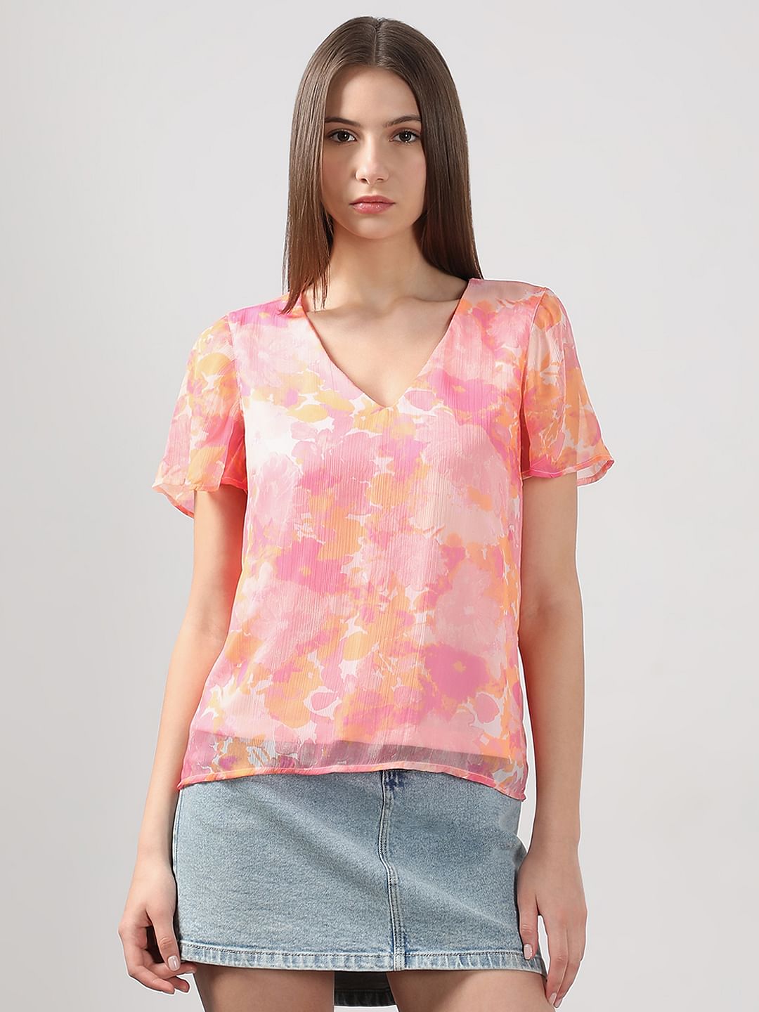 Pink Printed V Neck Top